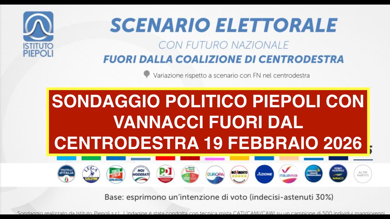 SONDAGGIO POLITICO PIEPOLI CON VANNACCI FUORI DAL CENTRODESTRA 19 FEBBRAIO 2026