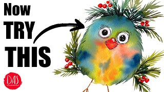 INSTANT ARTIST HACK! Paint a Cute Whimsical Watercolor Christmas Bird (Beginner Friendly + Sketch)