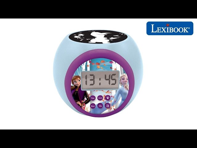 Vídeo relacionado con LEXIBOOK, Frozen Elsa Anna, Reloj Despertador con proyector para niños, Luz Nocturna y proyección de la Hora en el Techo, Efectos de Sonido, Funciona con Pilas, Azul, RP510FZ