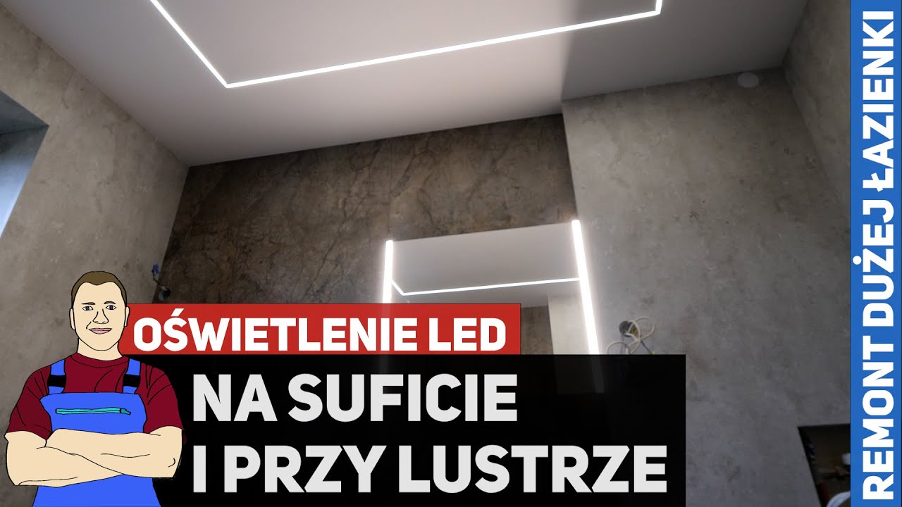 Kwadratowe oświetlenie LED na suficie i przy lustrze - Remont DUŻEJ łazienki