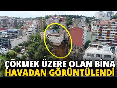Sütlüce'de Toprak Kayması Sonucu Çökme Tehlikesi Bulunan Bina Havadan Görüntülendi
