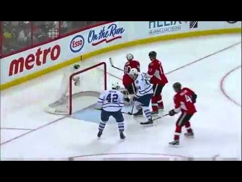 Dion Phaneuf's cannon breaks the goal cam vs Ottawa