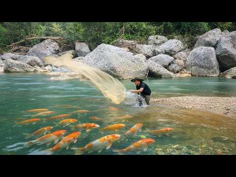 Casting nets to catch fish during the flood season - Making delicious grilled fish in bamboo tubes