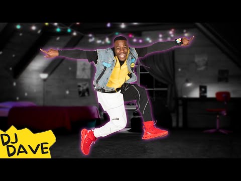 DJ Dave leaps in a dim party room with colorful string lights; wearing a yellow hoodie, denim vest, white and black pants, red sneakers; DJ Dave logo in corner.
