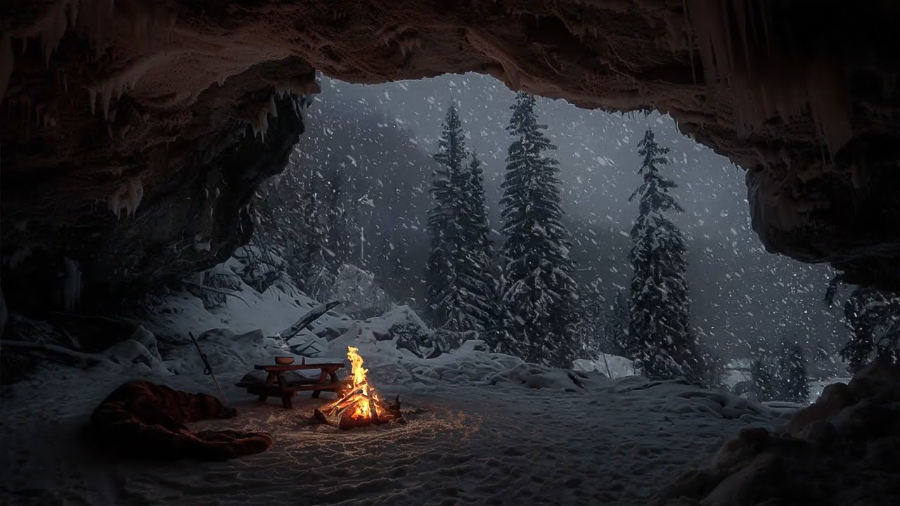 Winter Cave Ambience 😴 Snowstorm, Howling Wind, and Fireplace Sounds for Deep Sleep and Relaxation