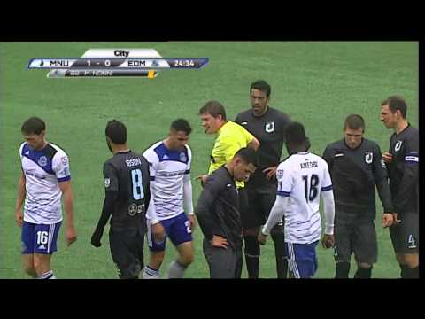 FC Edmonton's Michael Nonni takes a red card