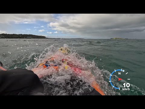 Rough sea by Rangitoto Island - Riot Edge 14.5 sea kayak