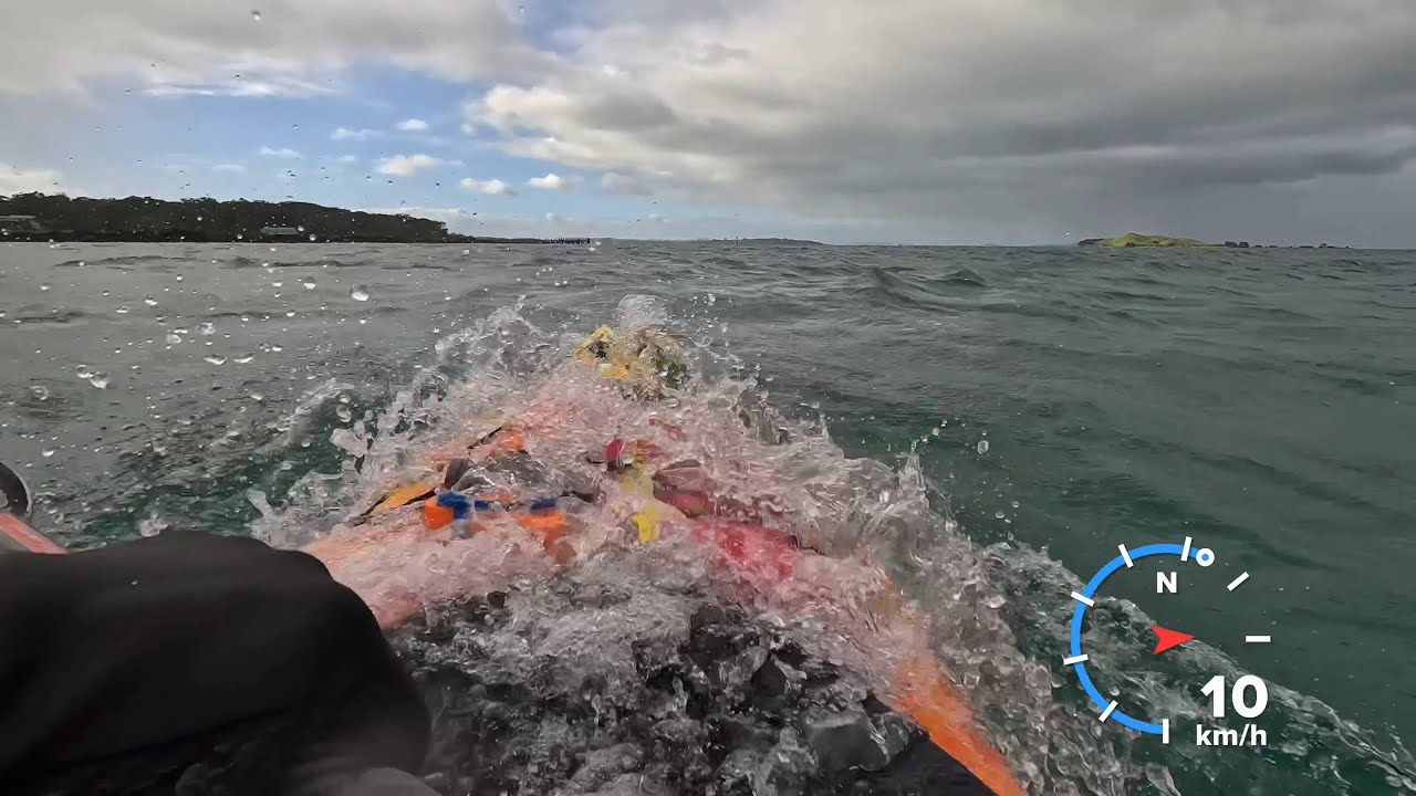 Rough sea by Rangitoto Island - Riot Edge 14.5 sea kayak
