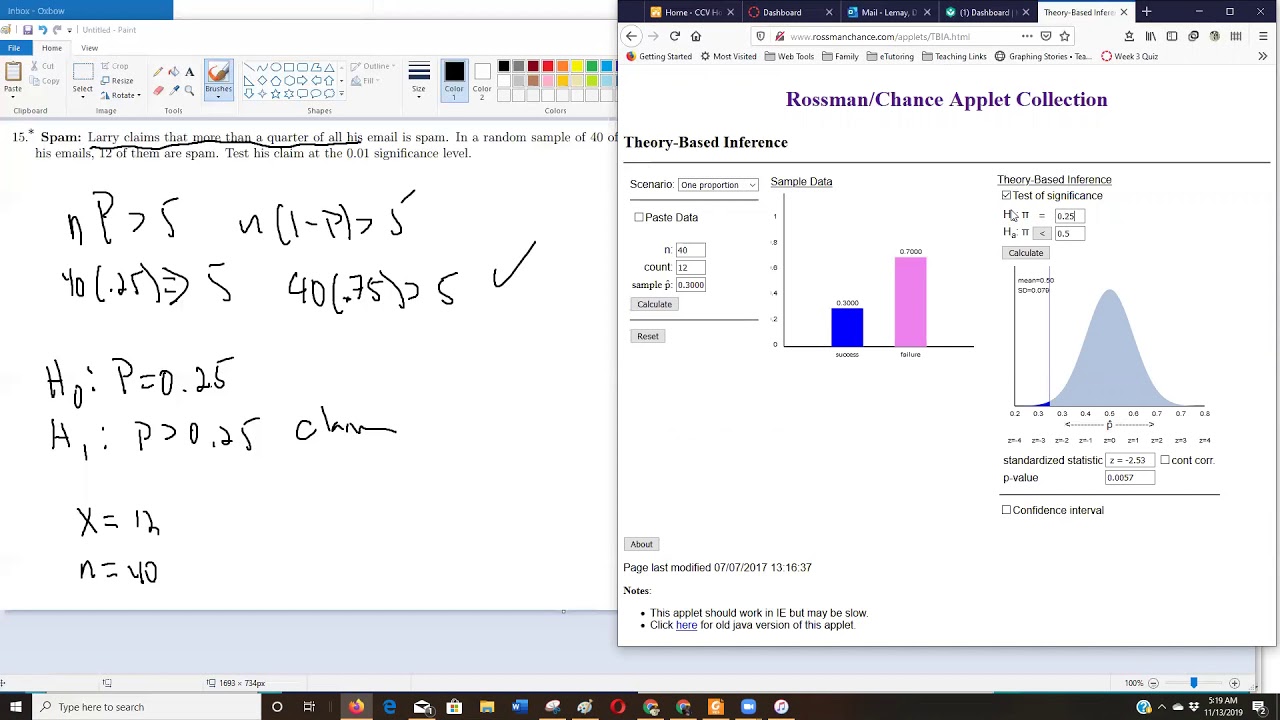 SIngle proportion significance test with applet.