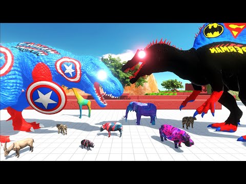 ESCAPE from CAPTAIN AMERICA T-REX vs BATSUPERMAN SPINOSAURUS - Animal Revolt Battle Simulator