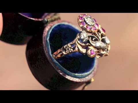 c. 1730-60 French Rococo Giardinetti Ring with Diamonds and Rubies, 18th c Georgian Giardinetti Ring