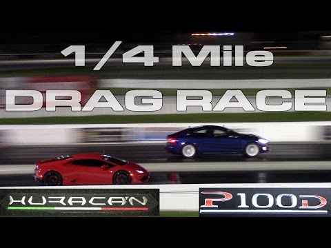 Tesla Model S P100D Ludicrous vs Lamborghini Huracan 1/4 Mile Drag Racing Battle at PBIR Video