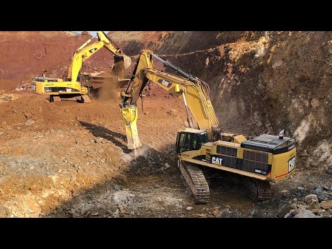 Two Caterpillar 385C Excavators With Bucket & Hammer Working On Quarry - Sotiriadis Quarry Works