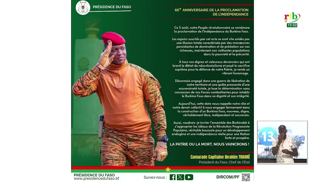 66e anniversaire de la proclamation de l’indépendance du Burkina Faso: Message du Président du Faso