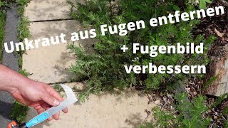 Gehwegplatten vom Unkraut befreien und Fugen ausbessern