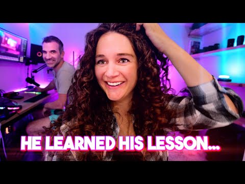 Cheerful woman with curly hair in foreground adjusting her hair, man at a computer desk in a neon-lit room; text overlay reads 'HE LEARNED HIS LESSON...'