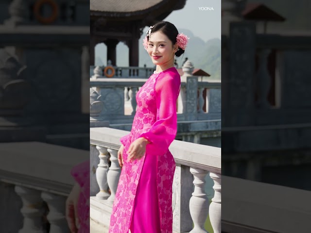 ND26B655 - Sét bộ áo dài tơ hoa hồng 3D