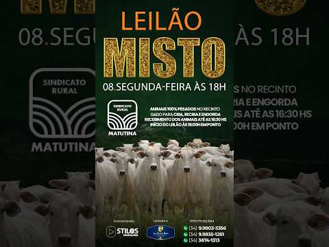 LEILÃO MISTO 08/06/2026 - SINDICATO RURAL DE MATUTINA-MG