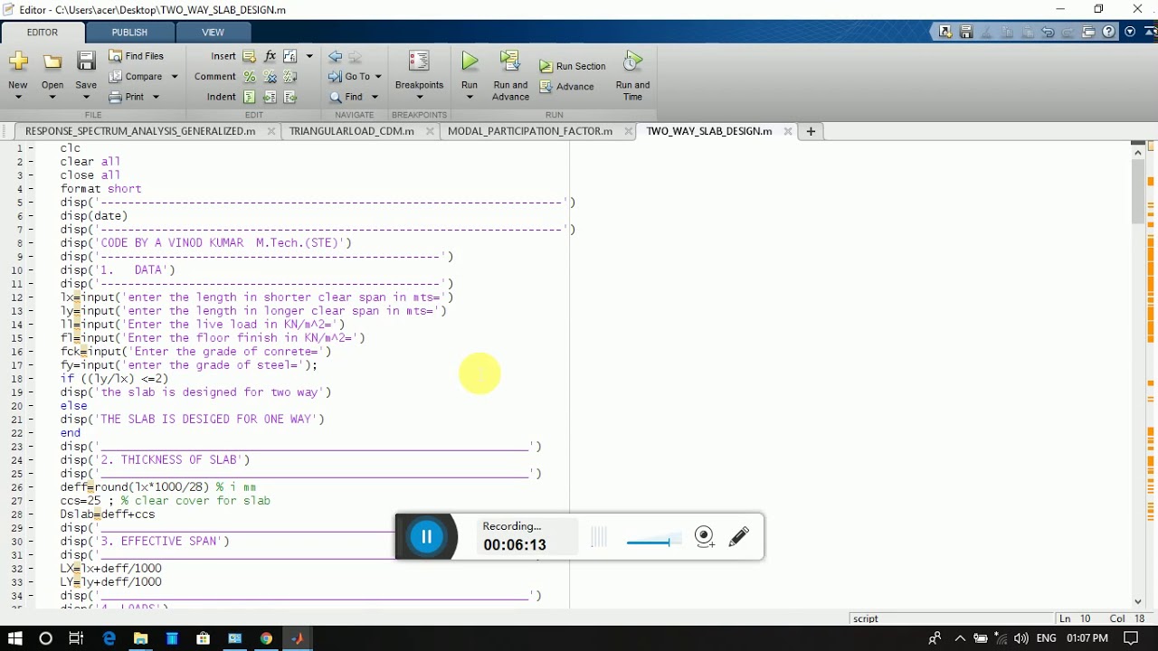 DESIGN OF TWO WAY SLAB IN 1 min  by MATLAB