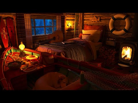 Sateen ääniä ja ukkonen nukkumiseen. Nuku viihtyisässä kalastajan takkakodissa, jossa on takka