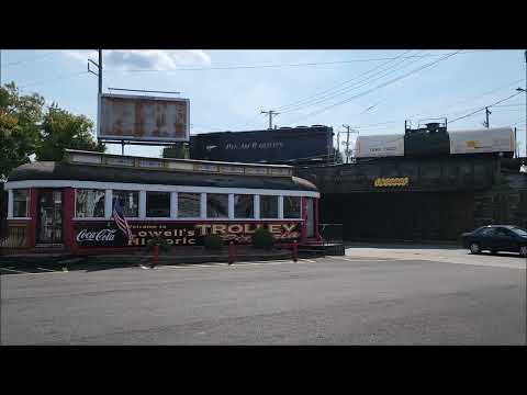 Maine Central #502 crossing Lowell's  famous Welcome to Spaghettiville bridge