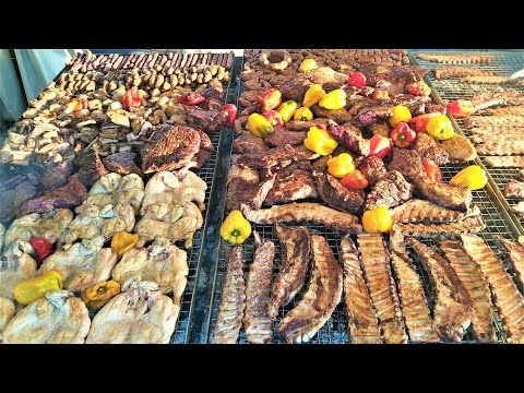 Street Food in Italy. Huge Steaks, Burgers, Ribs, Sausages, Fish, Paella, Cheese, Sweets and More