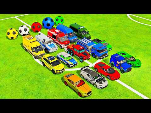 FREE KICK FOOTBALL WITH COLORFUL POLICE CARS! FERRARI, ROLLS-ROYCE, AMBULANCE, FIRE-FIGHTING, F.S.22