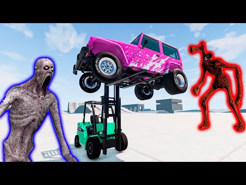 SCP-096 vs Siren head ​​Jumping Cars Siren Heads Lake - Beamng Drive | Police Cars