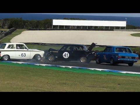3 x Cortina red flag crash Race 3 Group N Historic Touring Cars U2L Phillip Island Classic 2023