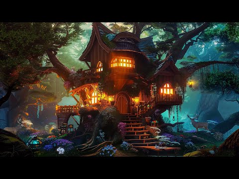 Enchanted Forest - Fairy TreeHouse in the Night Forest Vol.2🌙Frogs, Crickets, Calming Nature Sounds