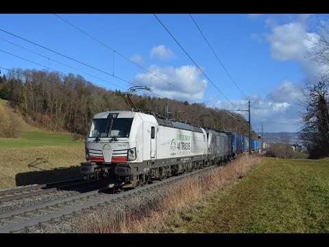 Bözberg Bahnverkehr am 21.01.22 – «TX Logistik Werbe Doppel, #DBCargofährt in Villnachern»