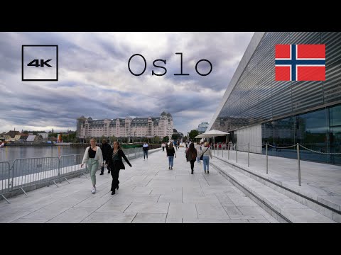 4k walking tour around Oslo, Norway Opera House. Modern residential and business area.