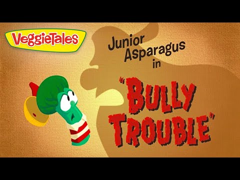 VeggieTales title card: Junior Asparagus in 'Bully Trouble' with VeggieTales logo on a textured orange background.