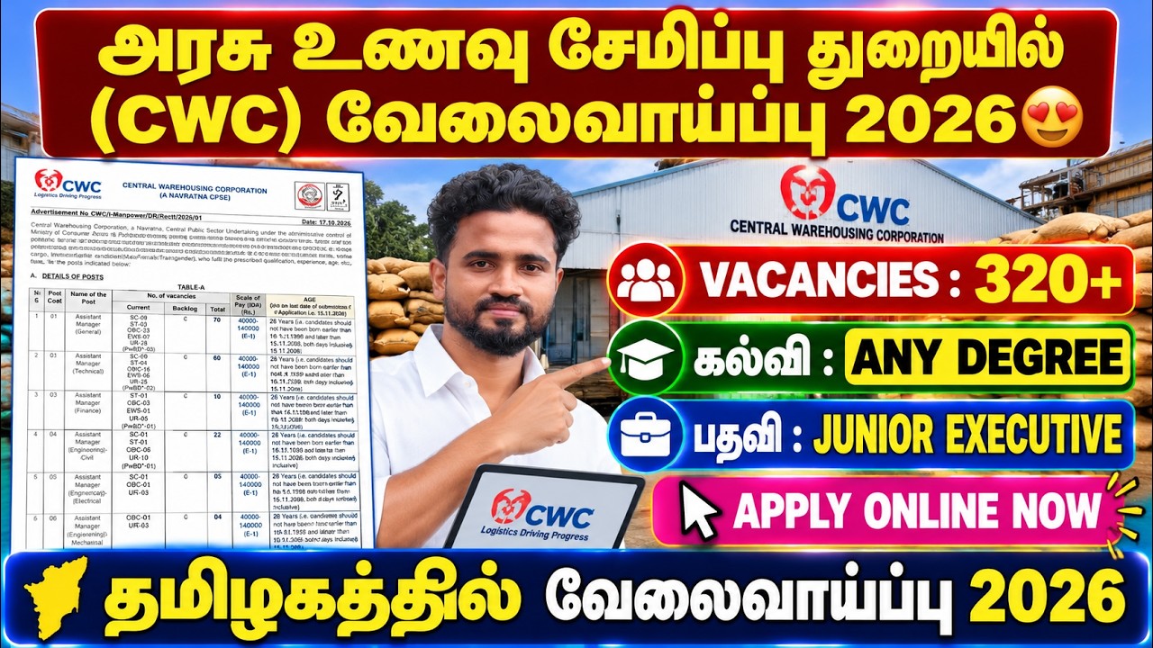 CWC Recruitment 2026 🔥 320+ Vacancies | Any Degree Jobs | மத்திய அரசு வேலைவாய்ப்பு 2026