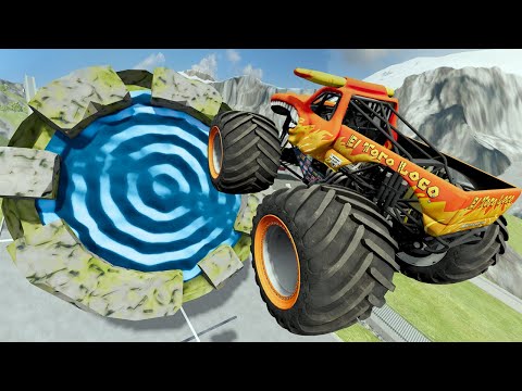 Monster Trucks and Cars Jumping Through Giant Portal - BeamNG Drive