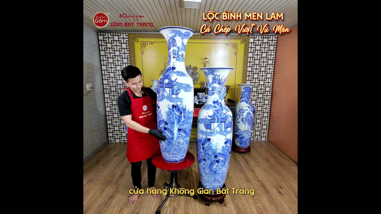 Lộc Bình 1M4 Men Lam Họa Tiết Cá Chép Vượt Vũ Môn