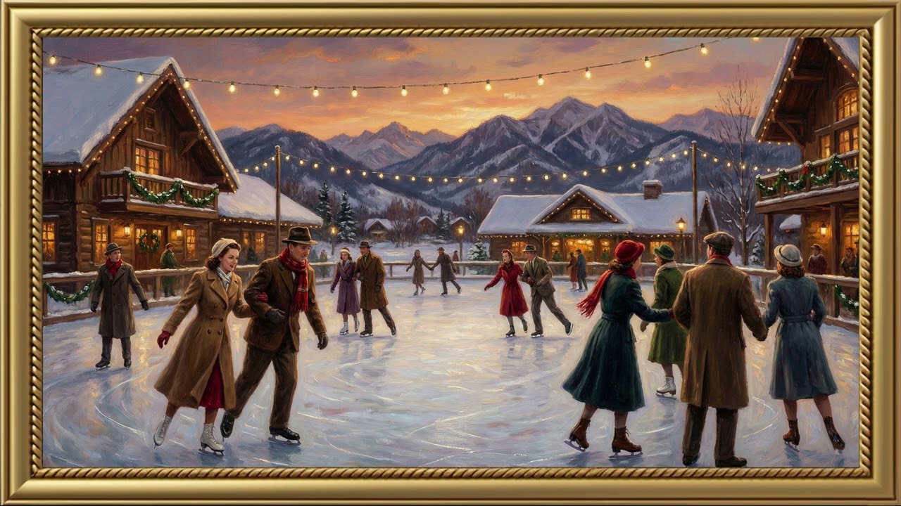 Vintage Ice Skating Mountain Village Gold Frame TV Art | 2 Hours 4K — 4K ambient art screensaver in baroque gold frame