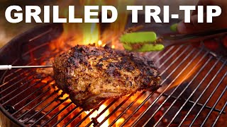 Mustard-rubbed beef tri-tip with grilled leeks
