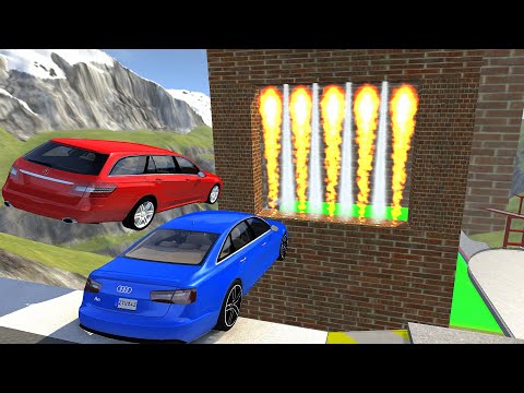 Crazy Vehicle High Speed Jumping Through FIRE And Dangerous Smoke Wall - BeamNG drive Epic Jumps