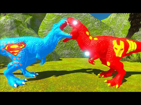 SUPERMAN T-REX vs CAPTAIN AMERICA SPINO vs IRONMAN T-REX DEATH RUN - Animal Revolt Baatle Simulator