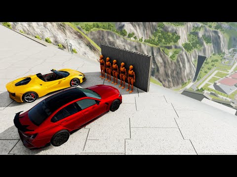 Expensive Cars Stairs Jumps Down With Crash Test Dummy & Brick Wall - BeamNG.drive Down Stairs Jumps