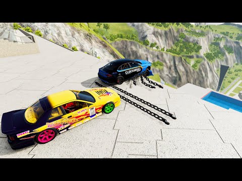 Crazy Vehicle Stairs Jumps Down With Giant Chain (Crash Test) - BeamNG drive Down Stairs Pool Jumps