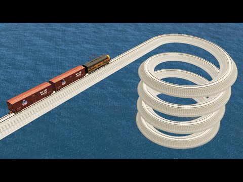 Impossible Weird Spiral Rail Tracks Vs Trains Crossing Giant Pit - BeamNG.Drive