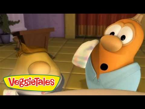 Cartoon VeggieTales scene with an orange anthropomorphic character looking surprised in a kitchen, VeggieTales logo in the corner.