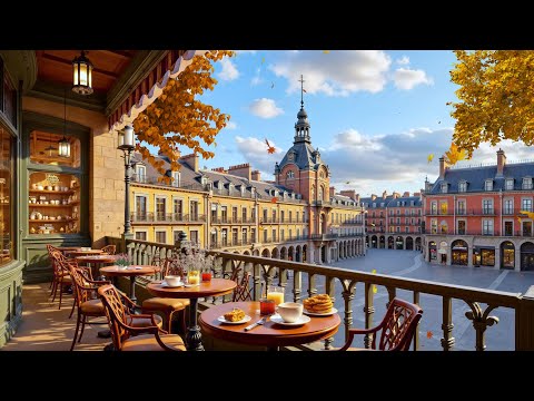 Street Café Jazz in Madrid Autumn 🍊 | Morning Coffee Shop Ambience with Warm Fall Atmosphere