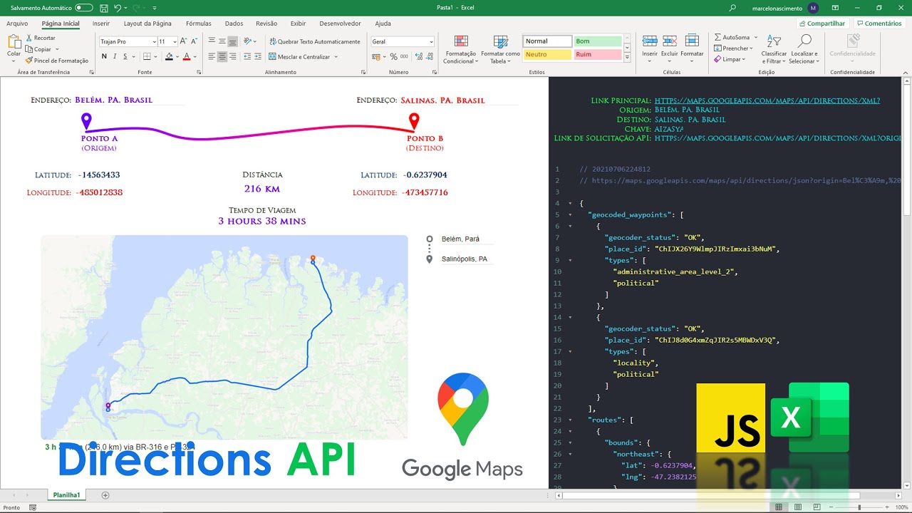 Excel Google Maps API: Distance and Travel Time Calculator with Directions API (JSON e XML)