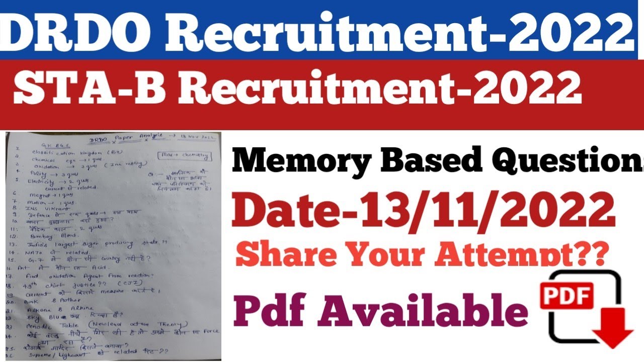 DRDO STA-B Today Paper Analysis||DRDO Paper Analysis||Memory Based Questions||DRDO Full Paper Pdf