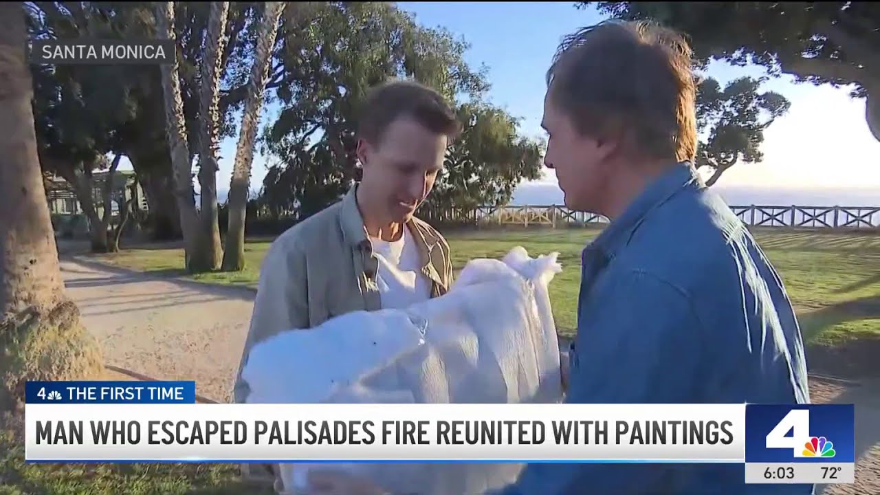 NBC4's Robert Kovacik returns paintings to man who escaped Palisades Fire on bike