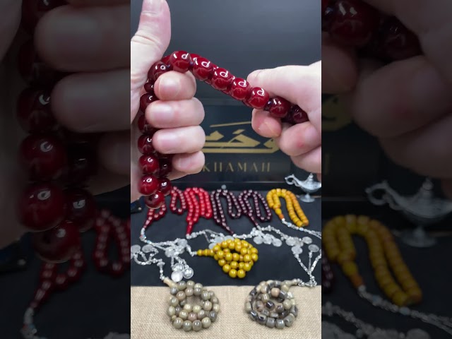 سبحة مسكي باللون الكرزي  , مع شرابة مزيج من الانتيمون والمعادن محاكي للعملات الاثرية