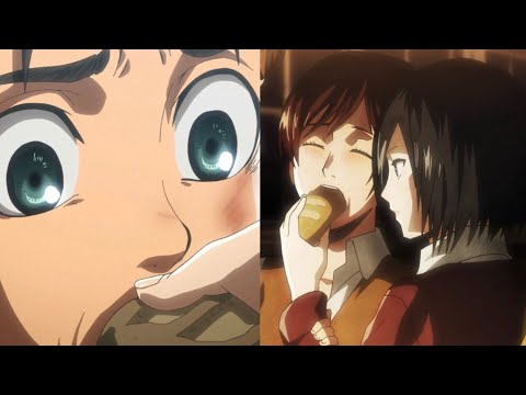 Mikasa feeding Eren and Sasha bread